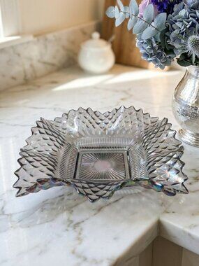Vintage Imperial Smoke Carnival Glass Diamond Point Ruffled Iridescent Dish Bowl